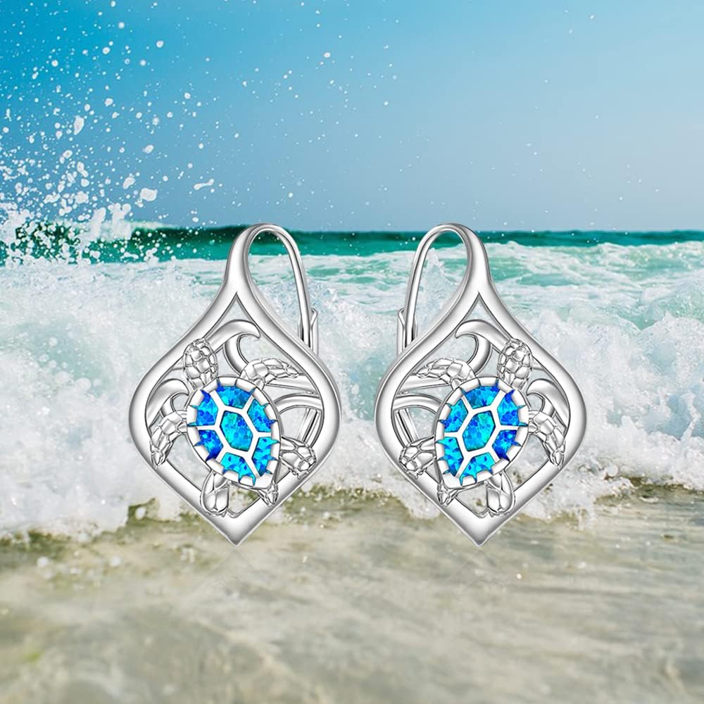 Sea Turtle Earrings for Women Blue Opal Turtle Earrings Sterling Silver Wave Tortoise Dangle Cute Animal Sea Hawaii Jewelry Birthday Christmas Gifts - Image 7