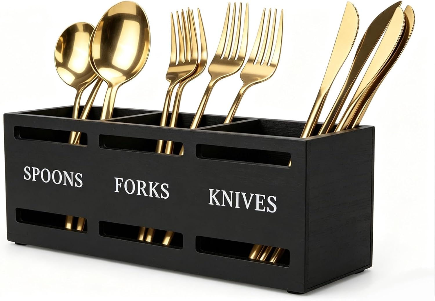WRENYZK Wooden Silverware Organizer, Black Silverware Caddy, Flatware Utensil Caddy Cutlery Holder for Party, Camping Kitchen Utensil Holder with 3 Compartments for Forks, Spoons, Knives