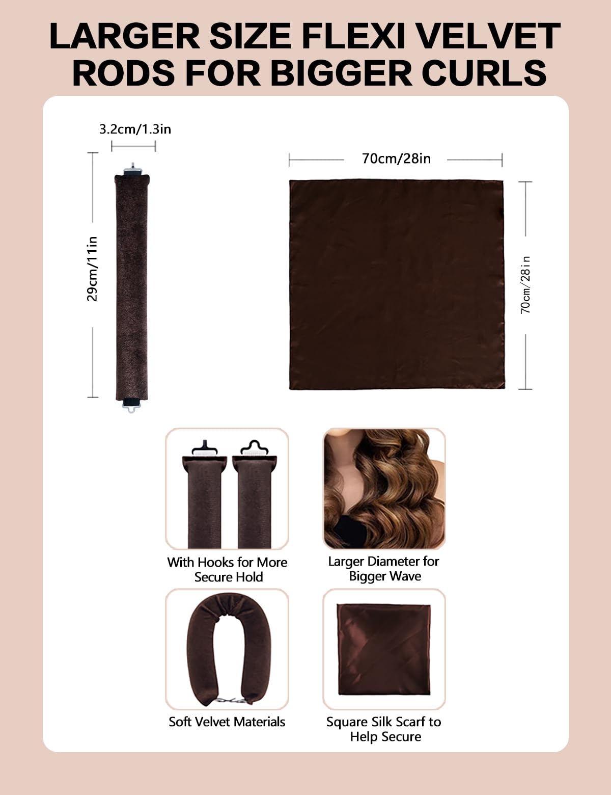 No Heat Curling Rod with Scarf, Velvet Hair Curlers to Sleep in Overnight Curls with Hook Blowout Rods Headband with Silk Scarf Curl Styling Kit for Long Medium Short Hair (4 coffee+Scarf, count)