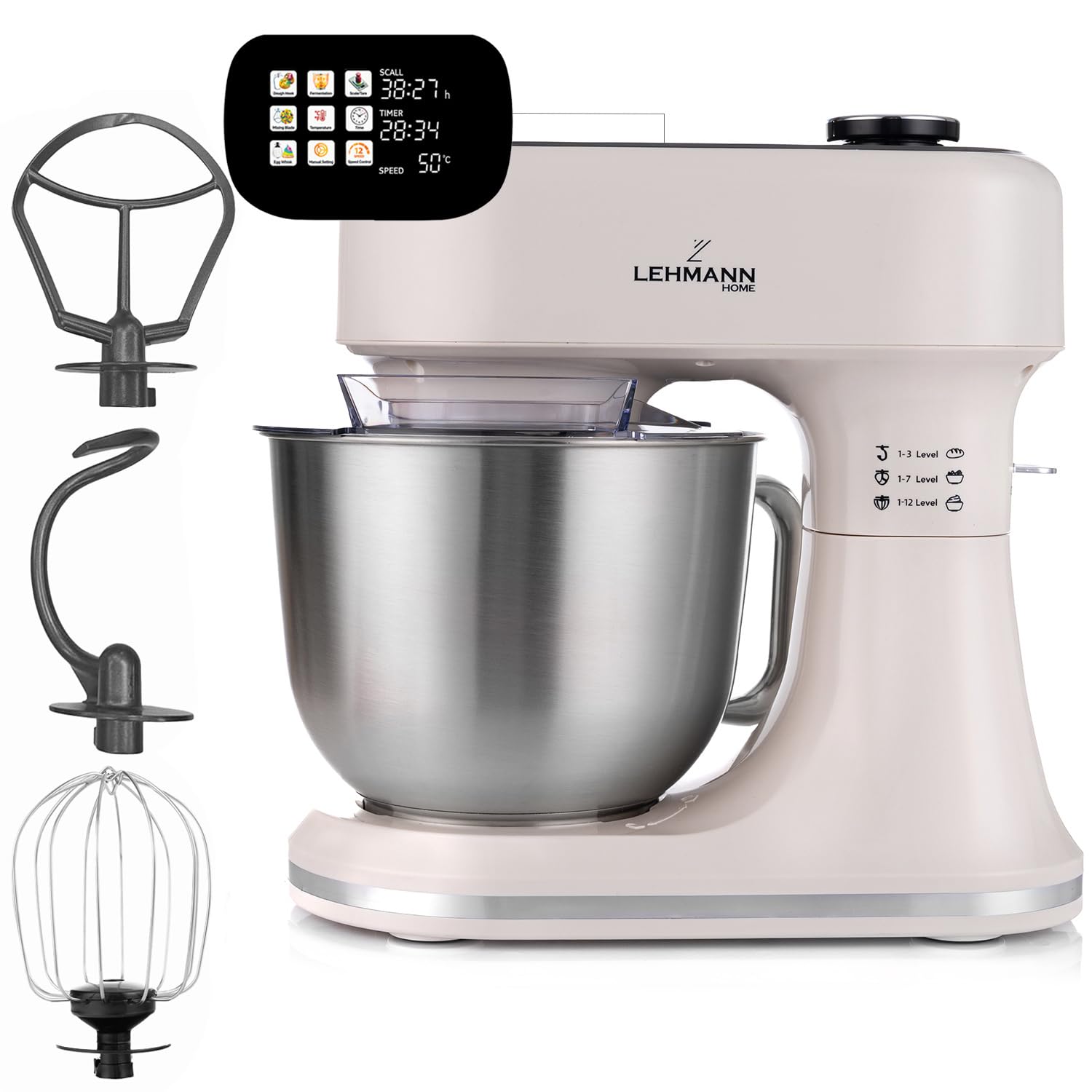 LEHMANN Robot Pâtissier avec Écran, 1500W, Bol Mélangeur 5L avec Fonction Fermentation et Chauffage, Balance Intégrée, 12 Vitesses, Minuterie, 3 Mélangeurs - Fouet, Batteur, Crochet, Beige