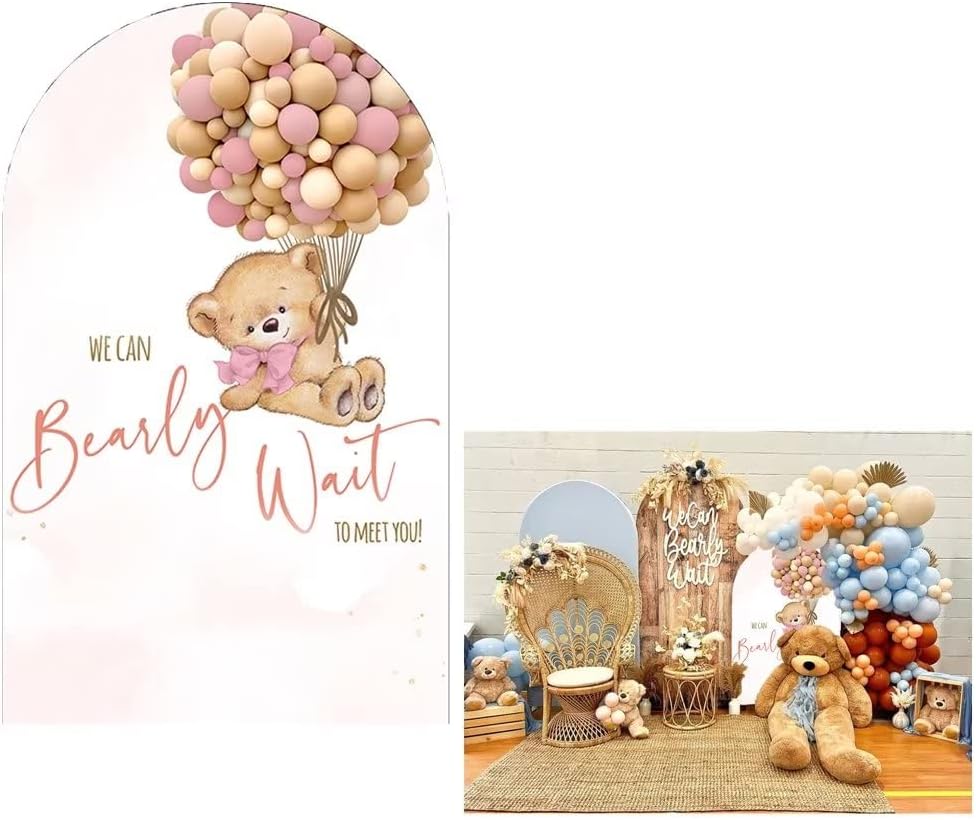 Teddy Bear Arch Backdrop 4x7ft We Can Bearly Wait to Meet You Arched Wall Covers Stretchy Background for Party Decorations Blue Baby Shower Decor Props NO-77