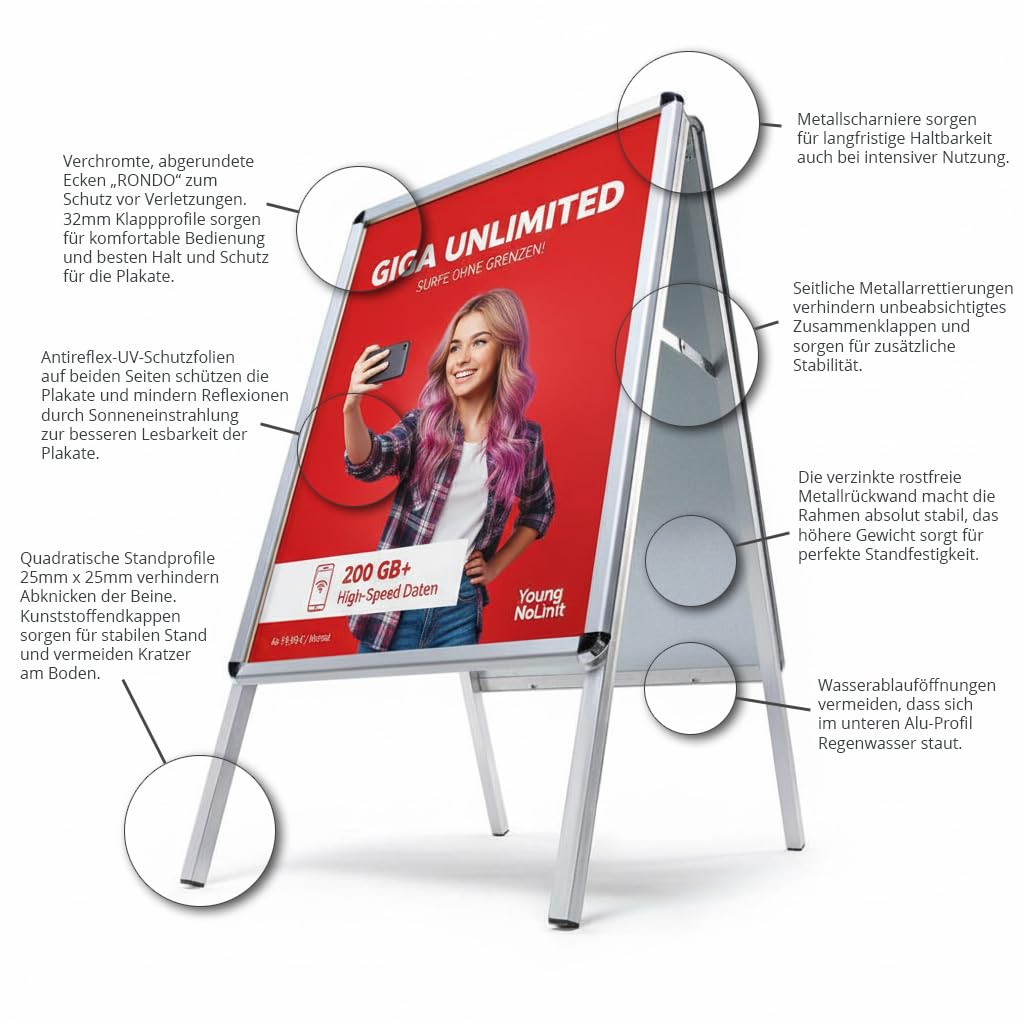 A1 Kundenstopper OUTDOOR wetterfest außen | verzinkte Metallrückwand, 32mm Profile | Werbeaufsteller Gehwegaufsteller Plakatständer Kundenstopper A1 wetterfest | Schutzfolien doppelseitig