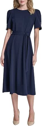 DKNY Women's Short Puff Sleeve Jewel Neck Midi Dress with Removable Belt