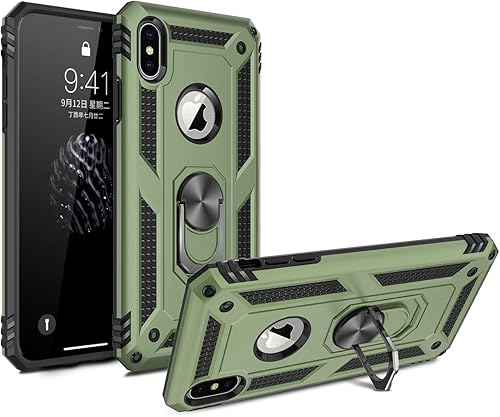 Miniatura 8 de Korecase Funda compatible con iPhone X iPhone Xs (no para iPhone XR), funda protectora extrema con anillo giratorio de 360 grados, color verde oliva
