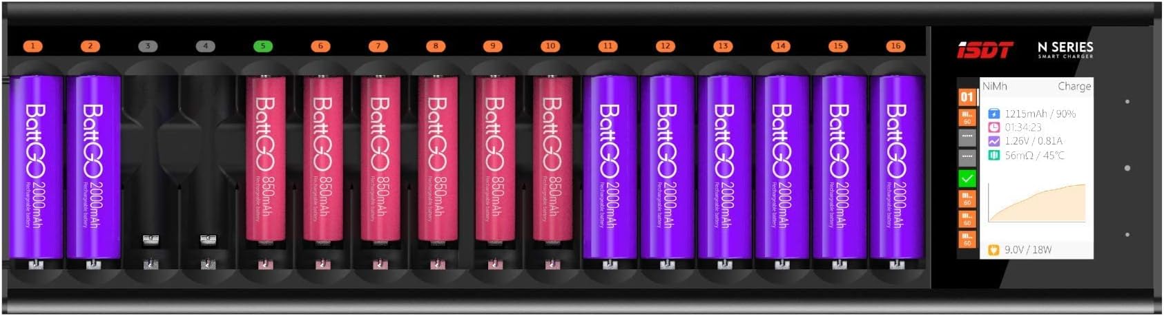 ISDT N16 Battery Charger Universal LCD Display Quick Charger for 16 Batteries NI-MH NI-Cd AA AAA Li-lon LiHv NI-MH NI-Cd LiFePO4 Eneloop (16 Slots)