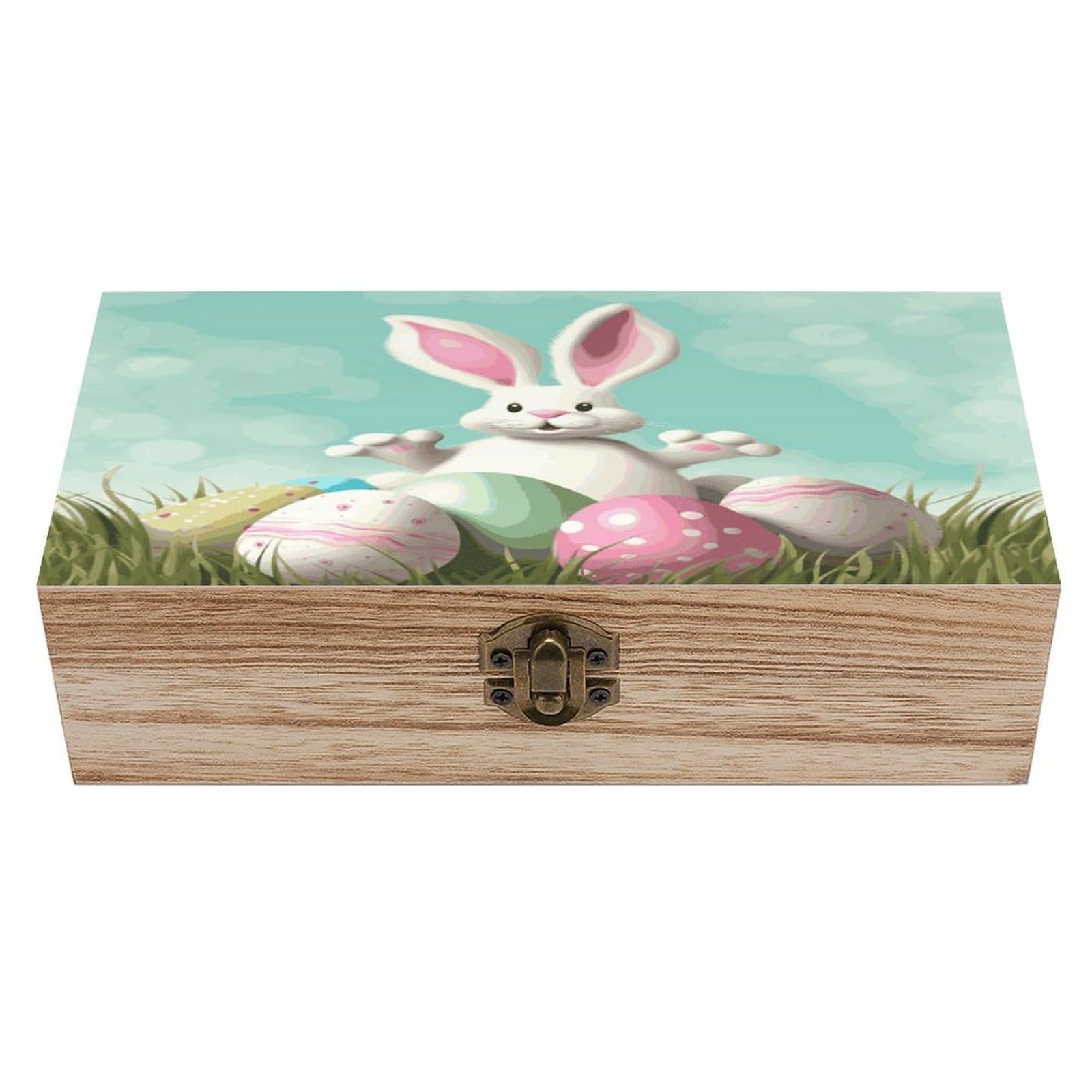 Btcowzrv Style Happy Easter Eggs Bunny Tail1 Wooden Storage Box, Keepsake Box With Hinged And Retro Lock, Wood Jewelry Organizer For Photos & Mementos And Home Decor