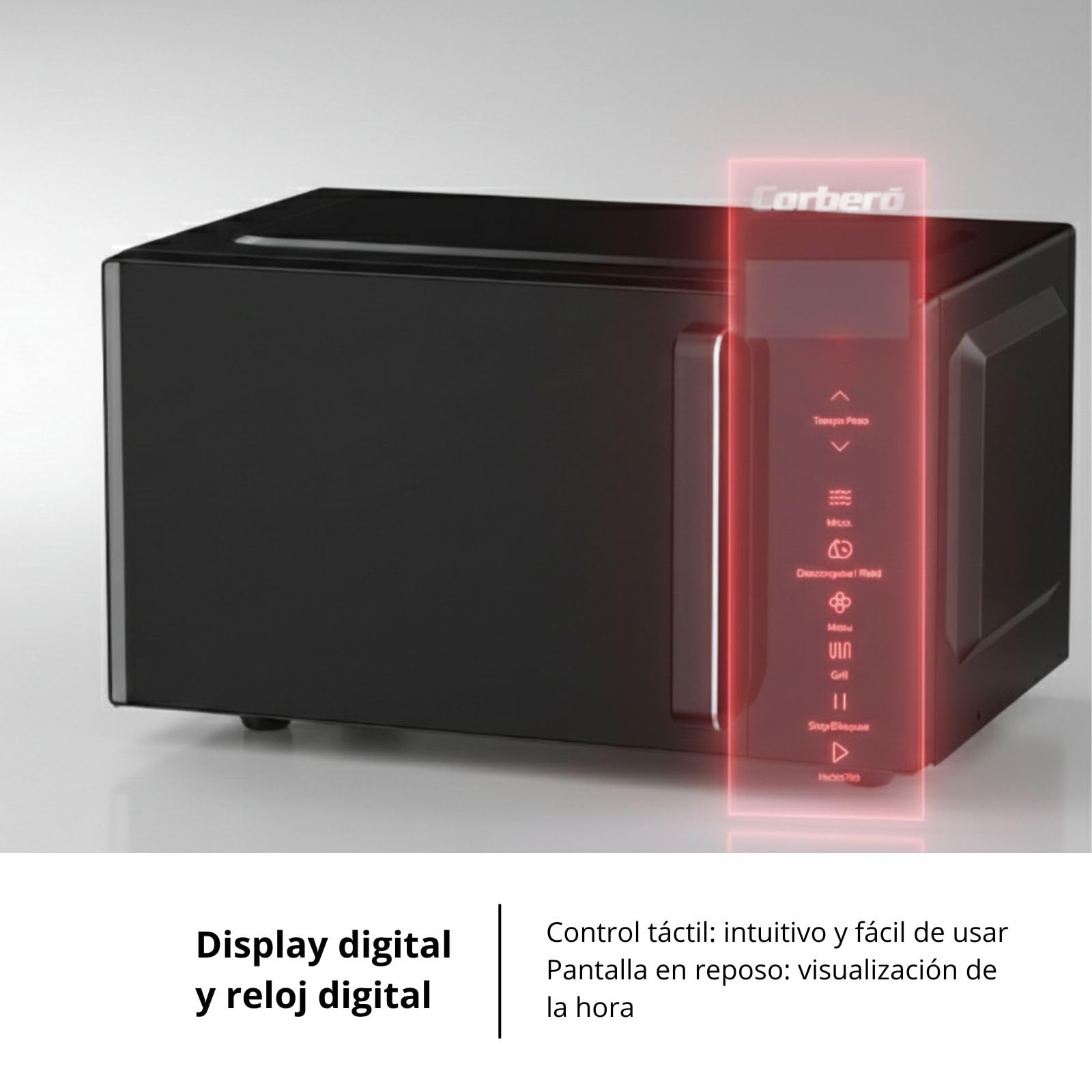 Corberó – Microonde senza piatto girevole con griglia | CMICW8023DF | 23L | 800W | Auto Menu | 5 Livelli di Potenza | Digital Touch | Funzione Sbrinamento | Pizza | Nero
