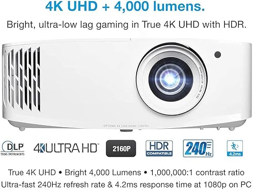 Miniatura 4 de Optoma Proyector de juegos UHD38 brillante y verdadero 4K UHD  4000 lúmenes  Tiempo de respuesta de 42 ms a 1080p con modo de juego mejorado