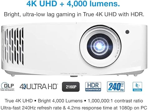Optoma UHD38 Bright, True 4K UHD Gaming Projector | 4000 Lumens | 4.2ms Response Time at 1080p with Enhanced Gaming Mode | Lowest Input Lag on 4K Projector | 240Hz Refresh Rate | HDR10 & HLG