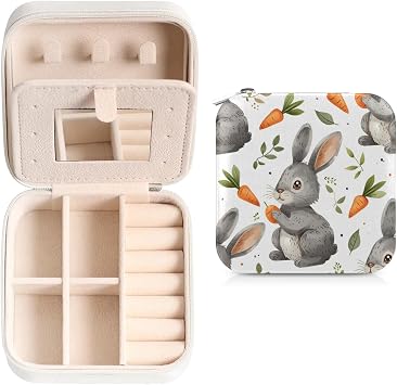 Carrots Grey Rabbits Travel Jewelry Case Organizer, Jewelry Boxes with Mirror, PU Leather Jewelry Storage Holder for Rings Earrings Pendants Necklaces, Gifts for Girls Women