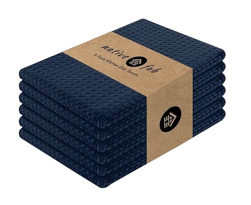 Native Fab Cotton Kitchen Towel with Hanging Loop 16x26 inches, 6-Pack, Waffle Weave Kitchen Towels for Cleaning Drying, Washcloths Soft & Absorbent Cloth Rags, Bar Towel, Dish Cloth, Navy