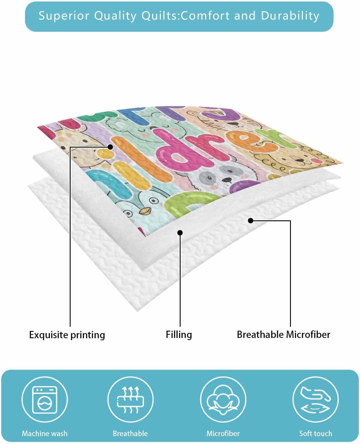 Full Size Quilt Bedding Set, Happy Children's Day Lightweight Summer Quilt 3 Pieces Bedding Sets, Cartoon Curtain Animals Reversible Soft Bedspreads Coverlets with 2 Pillow Shams for All Season