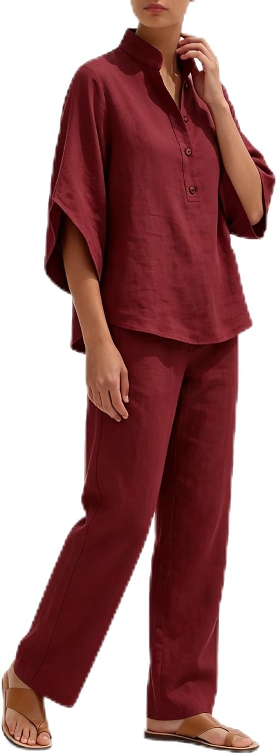 Women’s Batwing Sleeve Linen Cotton Two-Piece Set, Effortless Chic Silhouette, Breathable Natural Fabric