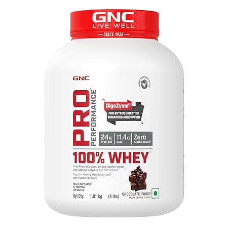GNC Pro Performance 100% Whey Protein Powder | Boosts Strength & Endurance | Builds Lean Muscles | Fastens Muscle Recovery | Formulated In USA | 24g Protein | 5.5g BCAA (Chocolate Fudge, 4 lbs)