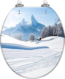 Round Toilet Seat Winter wonderland scenery skiing track Alps Resin Toilet Seat Quietly Slow Close with Quick-Release Hinges Toilet Seat with Cover Easy to Clean Install