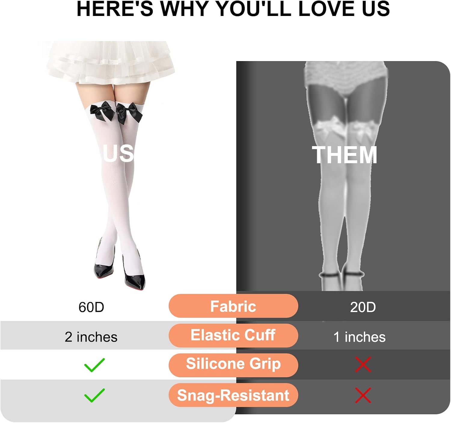 Women's Satin Bows Thigh High Stockings Hold-ups Snag-Resistant Knee High Long Socks