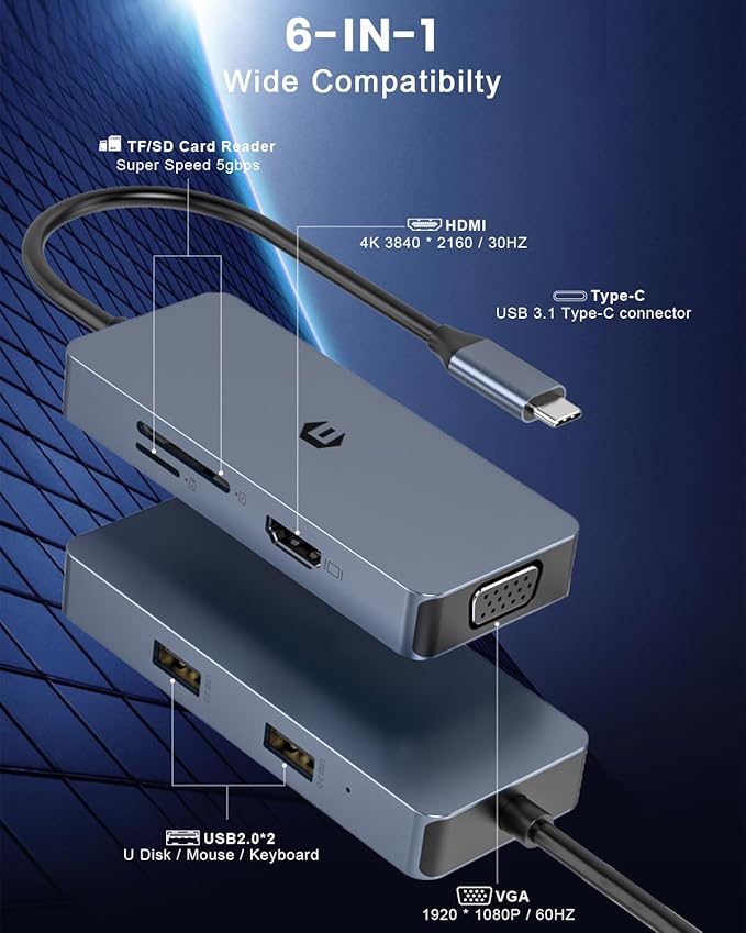Adaptador Multipuerto USB C con HDMI VGA y 3 Puertos USB 3.0 miniatura 2