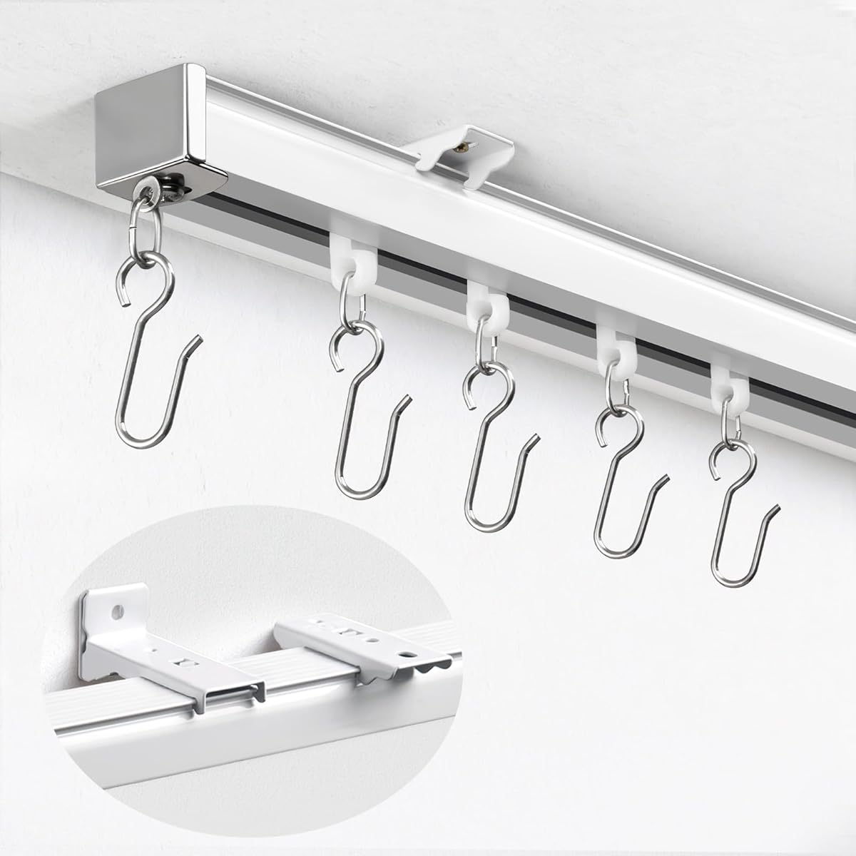 Ceiling Curtain Track System with Wall Mount, Silent Curtain Rail for Room Divider with Three Types of Hooks, 12ft - 15ft, White