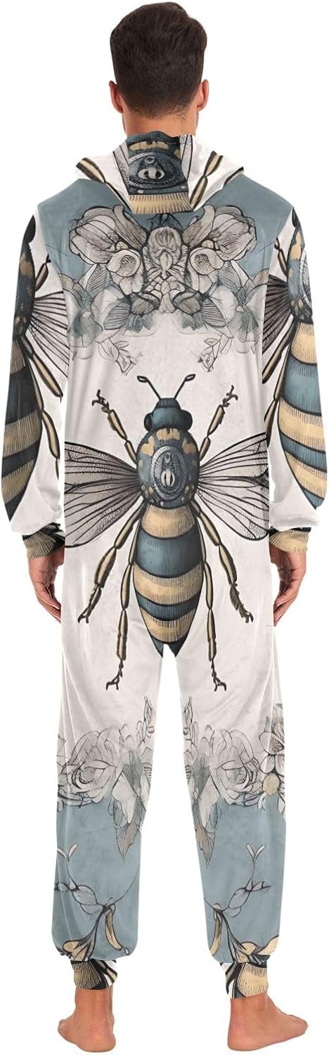 GAIREG Vintage Bee Floral Onesie Pjs Adult Womens, Plush Hooded One-Piece Pajamas
