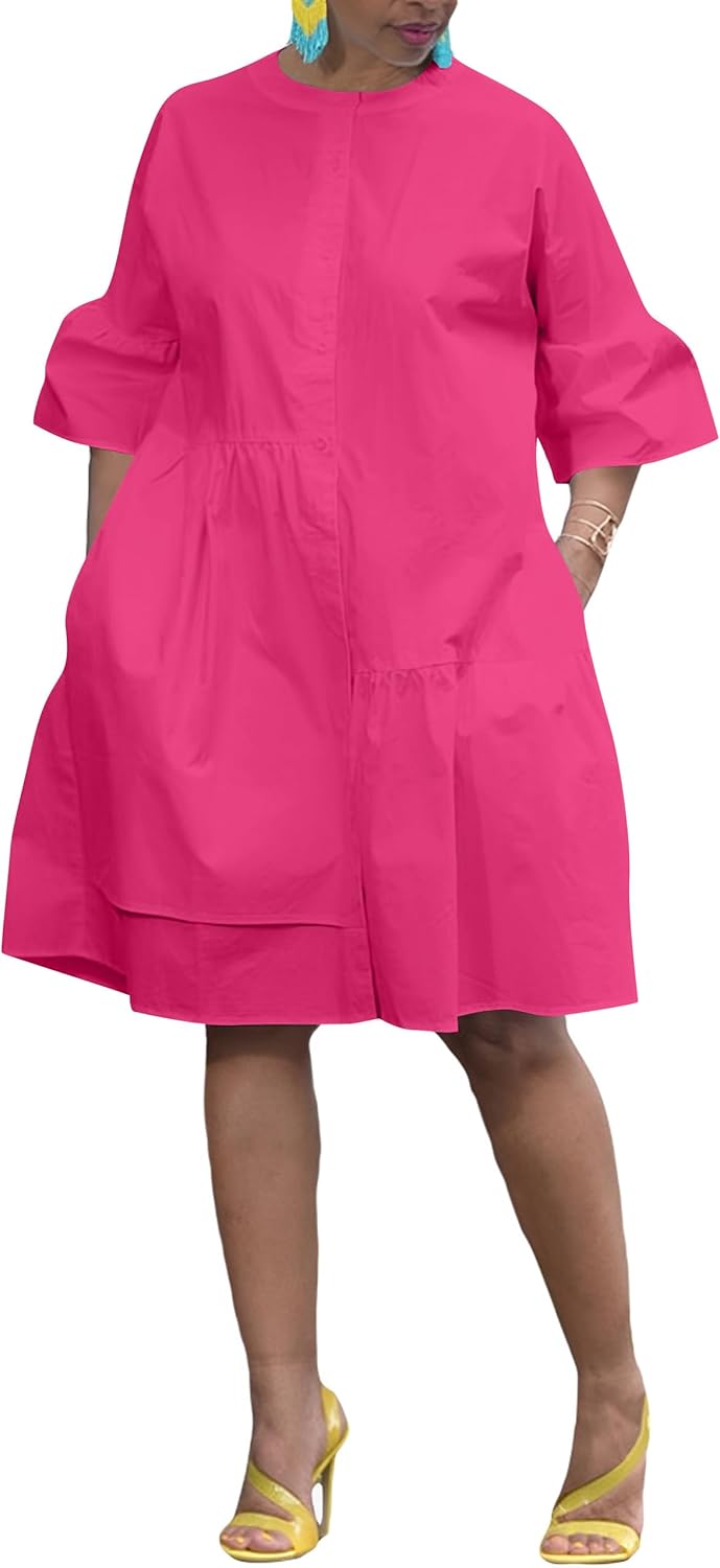 Choichic Button Down Shirt Dresses for Women with Pockets Flare Bell Sleeve A-Line Midi Tunic Dress