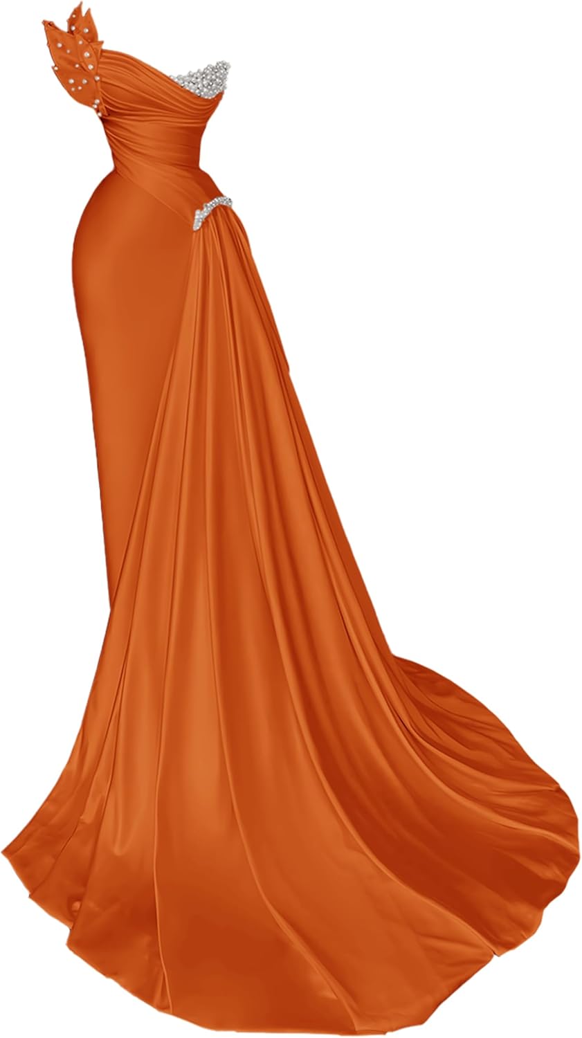 Zeeyecie Strapless Beaded Prom Dresses for Women 2025 Satin Mermaid Ruched Long Evening Formal Ball Gowns with Train