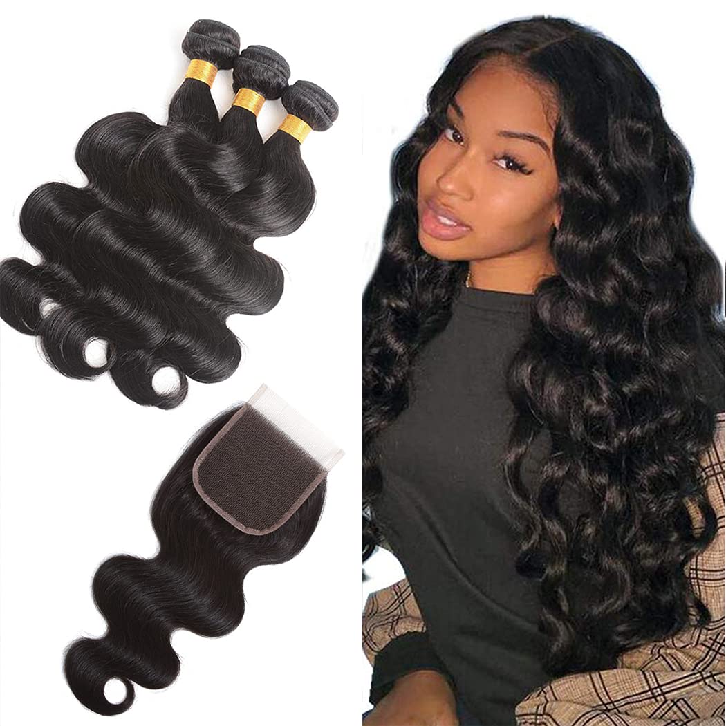 Body Wave Bundles with Closure Brazilian Human Hair Bundles with Closure (16 18 20+14 Free Part) Pre Plucked 4x4 Lace Closure with 3 Bundles Human Hair Weave