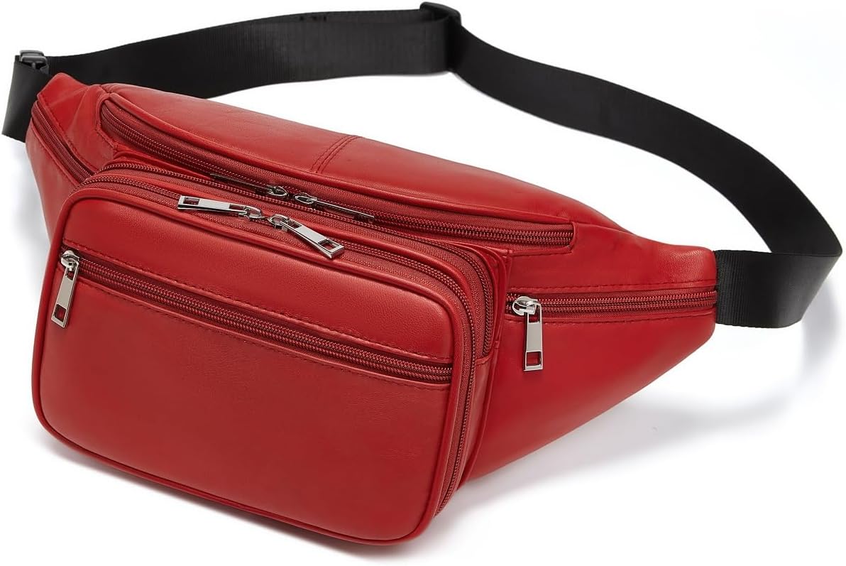Genuine Leather Large 7 Pocket Waist Pack with Organizer, Card Slots (Red)