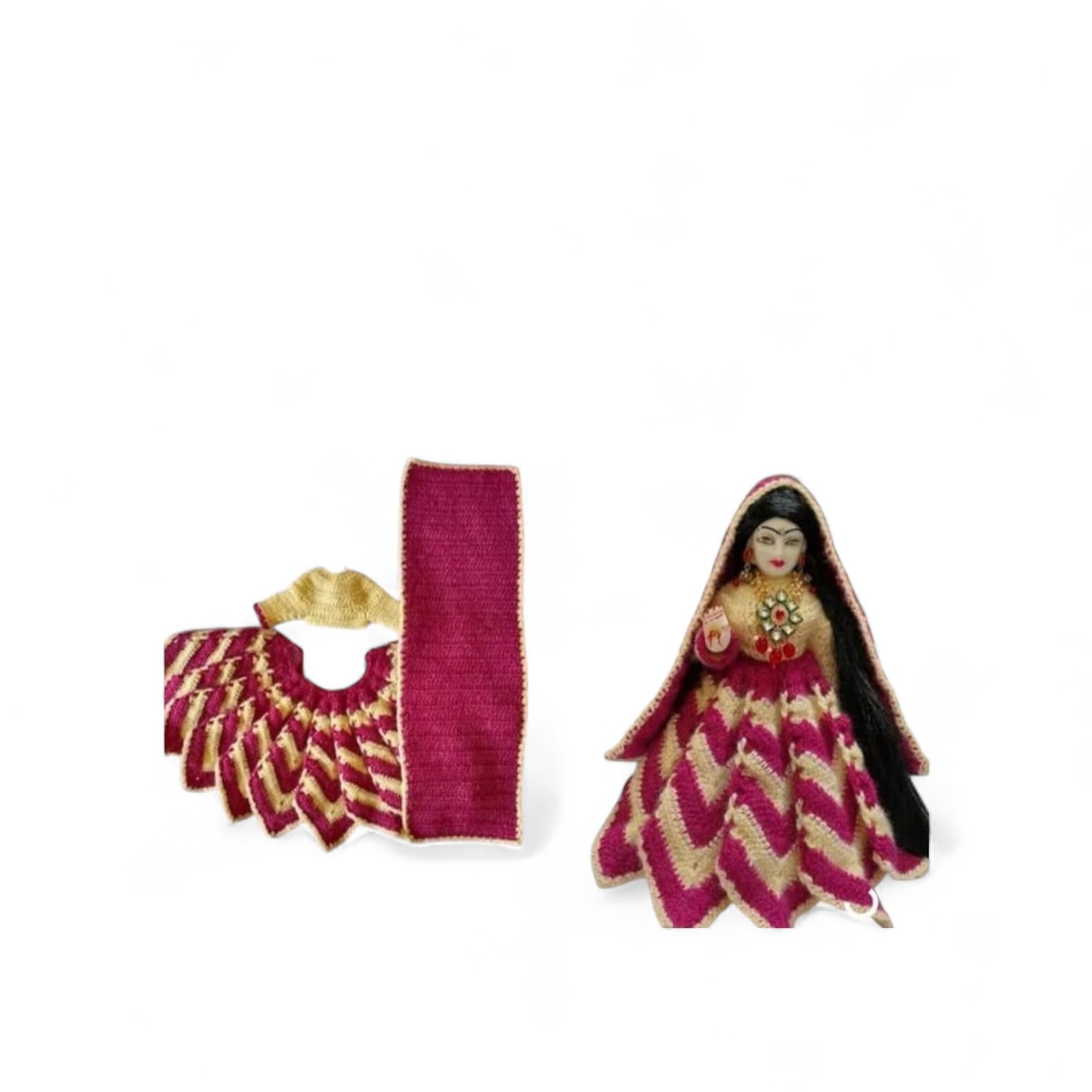 Yugal sarkar Woollen Poshak, Maroon and Gold, 5 and 6 Inch, Traditional Indian Doll Outfit-image-48