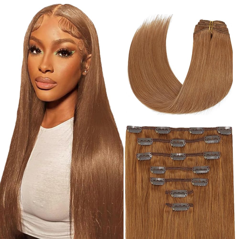 Photo 1 of #30 Brown Clip in Hair Extensions,22 Inch Soft Real Human Hair,Color 30 Straight Clip ins 120g 7pcs,Brazilian Remy Light Brown Human Hair Extensions