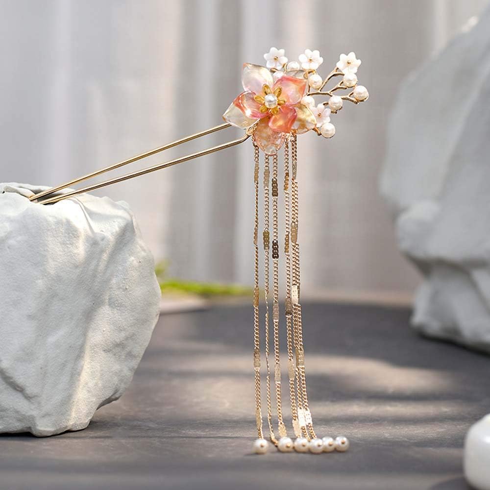 WDXIN Chinese Hair Sticks Long Pearl Tassels Hanfu Headwear Dress Accessories Hair Jewelry Hairpins for Wedding(Orange)