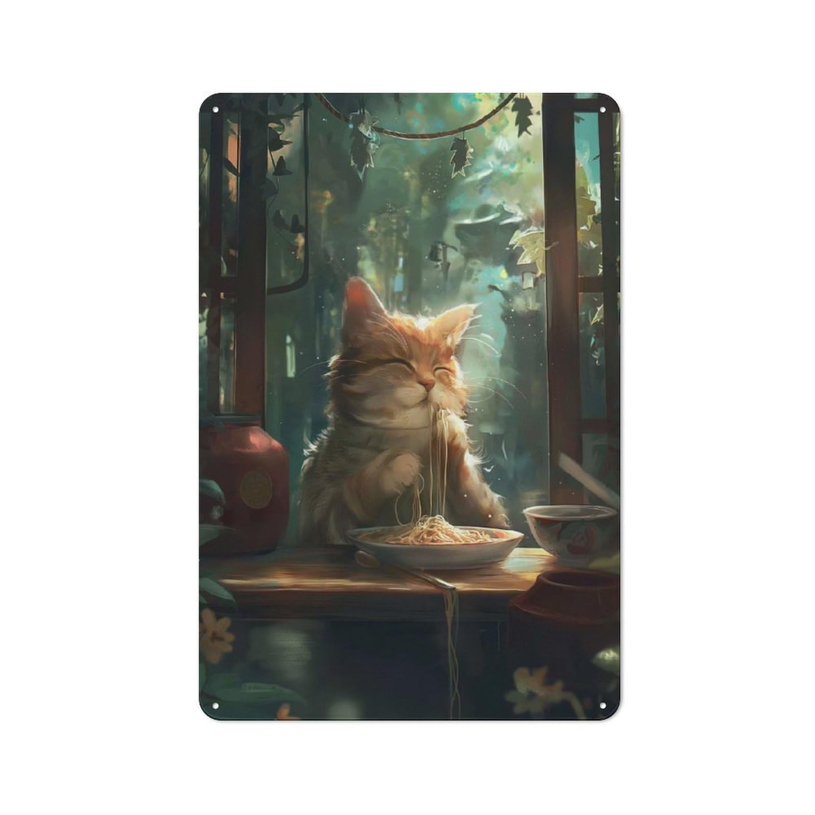 Junmoney Cute Cat Noodles Spaghetti Rustic Tin Wall Plaque 30X20cm For Bar Or Restaurant, For Vintage Wall Decor Fans, For Garage And Workshop Walls