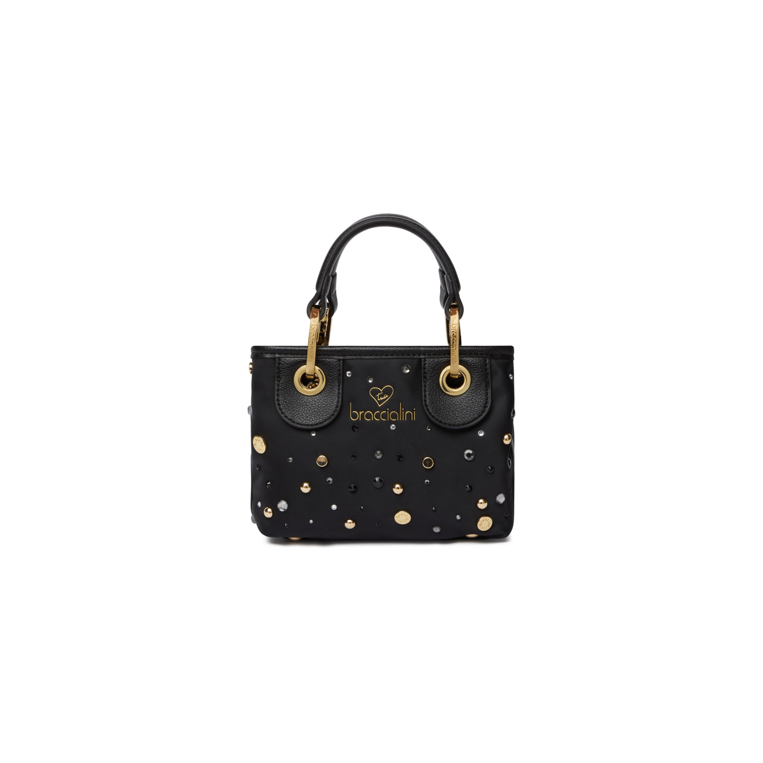 Braccialini Beth Strass Borsa a mano di piccole dimensioni con doppi manici, chiusura con clip e tracolla in nastro logato rimovibile e regolabile che ne permette la doppia portabilità. All'interno