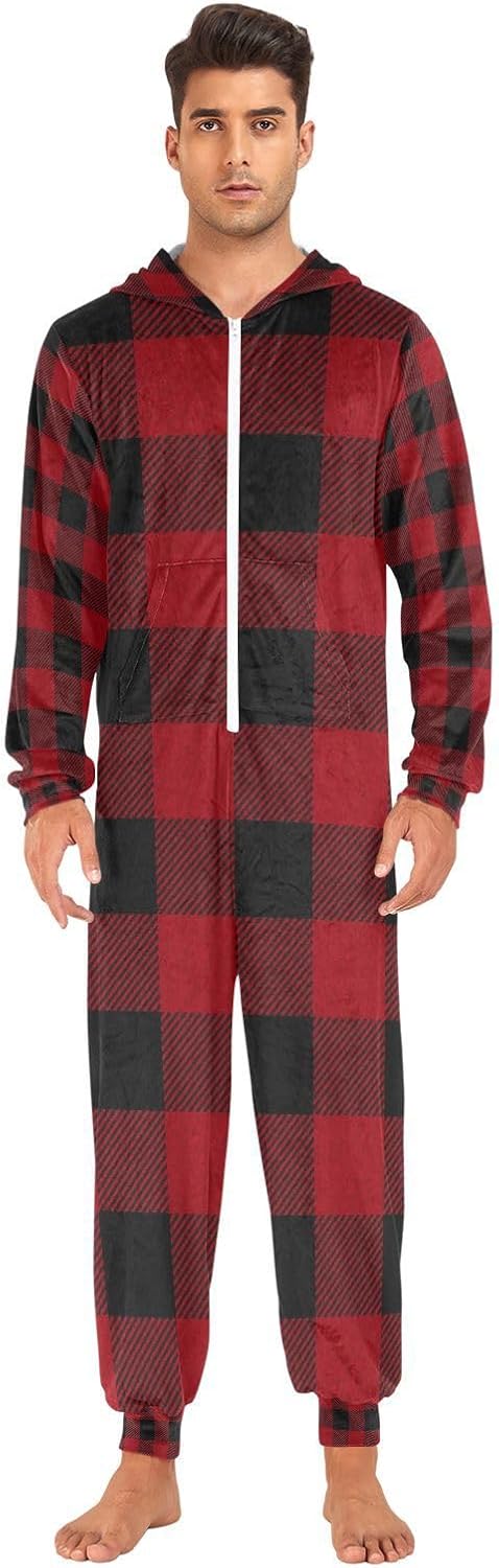 Red and Black Buffalo Plaid Checkered Xmas Adult Onesie Pajamas for Unisex Novelty One Piece Costume Sleepwear