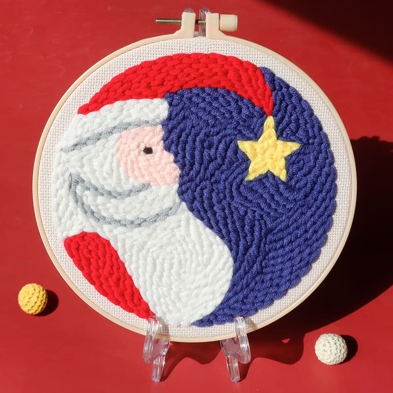 Punch Needle Embroidery Starter Kits for Kids and Adults Beginners with Punch Needle Tool,Threader, Stamped Fabric Embroidery,Hoop,Santa Claus Yarn Rug Punch Needle