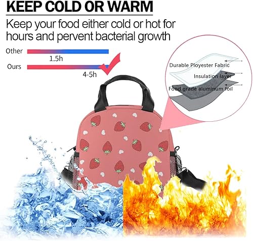Miniatura 4 de Bolsa de almuerzo de fresa con aislamiento a la moda, con correa para el hombro, duradera, color rosa, impermeable, con bolsillos, para niñas y