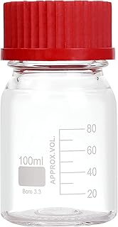 Pastein 4 Pieces100ml Graduated Round Reagent Media Storage Lab Bottles with GL45 PBT Red Screw Cap, 3.3 Borosilicate Clear Glass