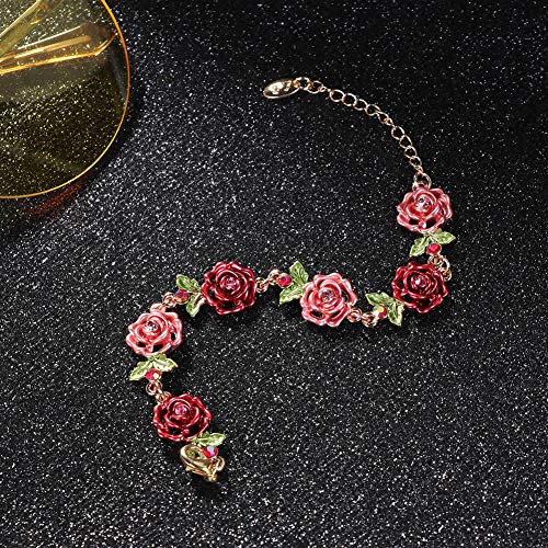 Flower Bracelet,Colorful Link Bracelets Rose Flower Leaf Bangle Bracelet Anklet Cloisonne National Chain Hand Jewelry With Charm rhinestones For Women Lady Girl,With Adjustable Extension Chain Gift Box4