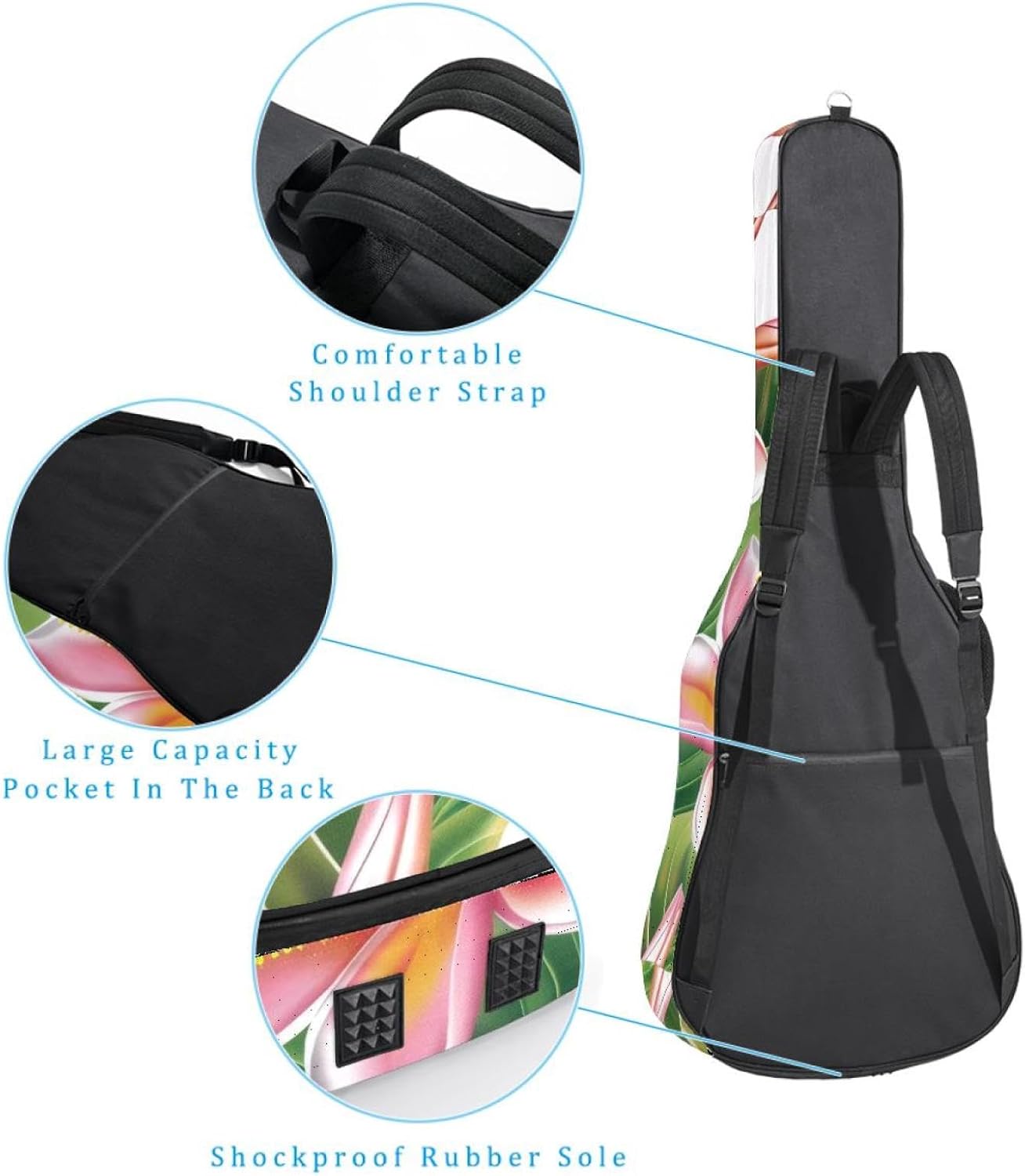 Acoustic Guitar Gig Bag 1 cm Thick Padding, Waterproof Electric Guitar Bag 40-42 Inch Guitar Case Backpack with Dual Shoulder Strap, Tropical Flowers Pink