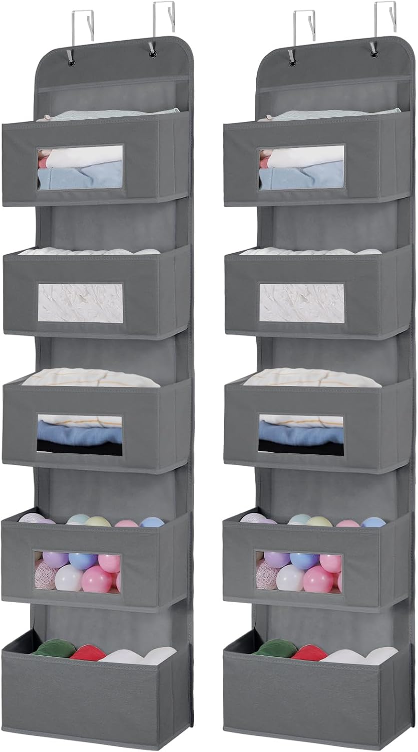 MAX Houser 5-Shelf Over The Door Hanging Organizer with 2 Metal Hooks，5 Pocket Over The Door Wall Mount Storage with Clear Windows for Bathroom Closet,Bedroom,Dorm(Beige-2 Pack)