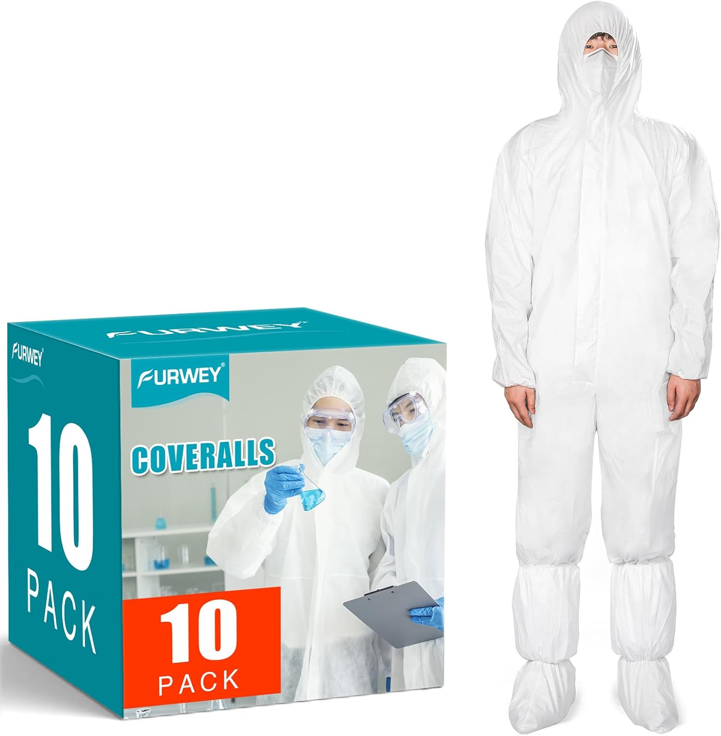 FURWEY Hazmat Suits 10-Pack Disposable Coveralls with Hood, Shoe Covers, Elastic Cuffs - Breathable PP Fabric, Sizes L-3XL