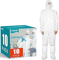 FURWEY Hazmat Suits 10-Pack Disposable Coveralls with Hood, Shoe Covers, Elastic Cuffs - Breathable PP Fabric, Sizes L-3XL