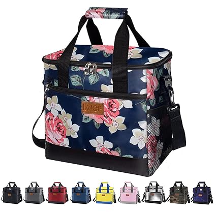 Iknoe Large Cooler Bag Collapsible 24 Can Insulated Bags Leakproof Lunch Cooler Tote with Multi-Pockets for Adult & Kids Insulated Lunch Box for Beach, Picnic, Work, School (Flower)