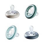 Tommee Tippee Breast-Like Pacifier, 6-18 Months, Symmetrical Design, Natural Breast-Like Baglet, BPA-Free Binkies, Pastel/Blue/Black, Pack of 4