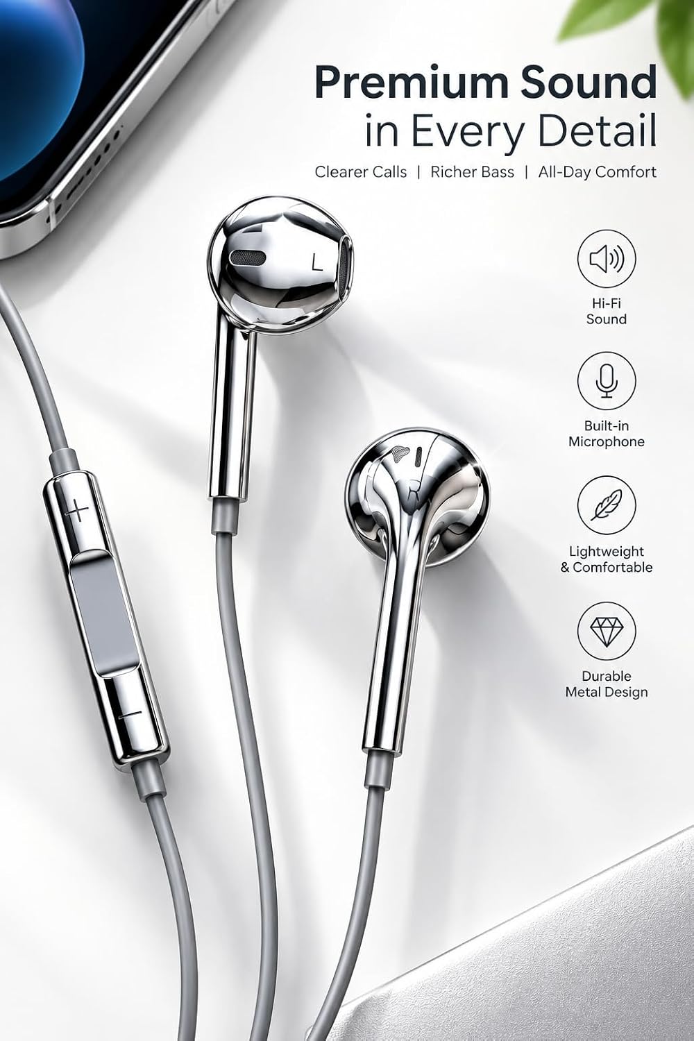Wired Earbuds with Chrome Finish, Type-C, Y2K Style image 2