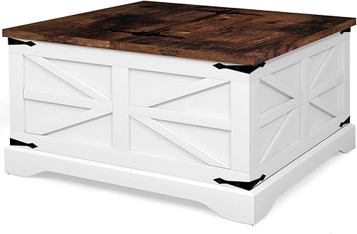 Miniatura 7 de oneinmil Mesa de centro moderna de granja, mesa central cuadrada de madera con gran espacio de almacenamiento, esquinas de metal, forma de Z, color