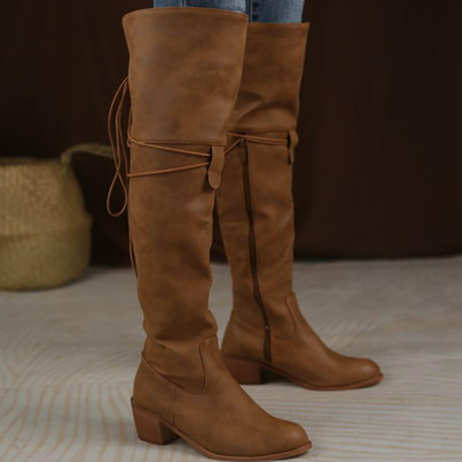 Botas Altas Mujer Invierno Botas Cowboy Mujer Cordones Cierre De Cremallera Lateral Moda Retro Antideslizantes Comodas Bota Tacones Medios-Bajos Clásicas Sólido Por Encima La Rodilla Casual Bota