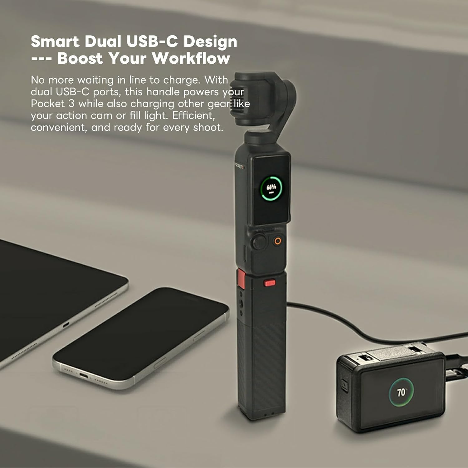 Metal Battery Charging Handle for DJI Osmo Pocket 4 3/Xtra Muse, Built-in 5000mAh Battery, 22.5W Fast Charging, with Mini Tripod Included​