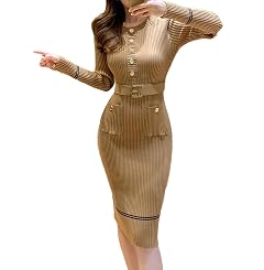 Womens Striped Knit Office Dress - O-Neck Long Sleeve Button Belt Slim