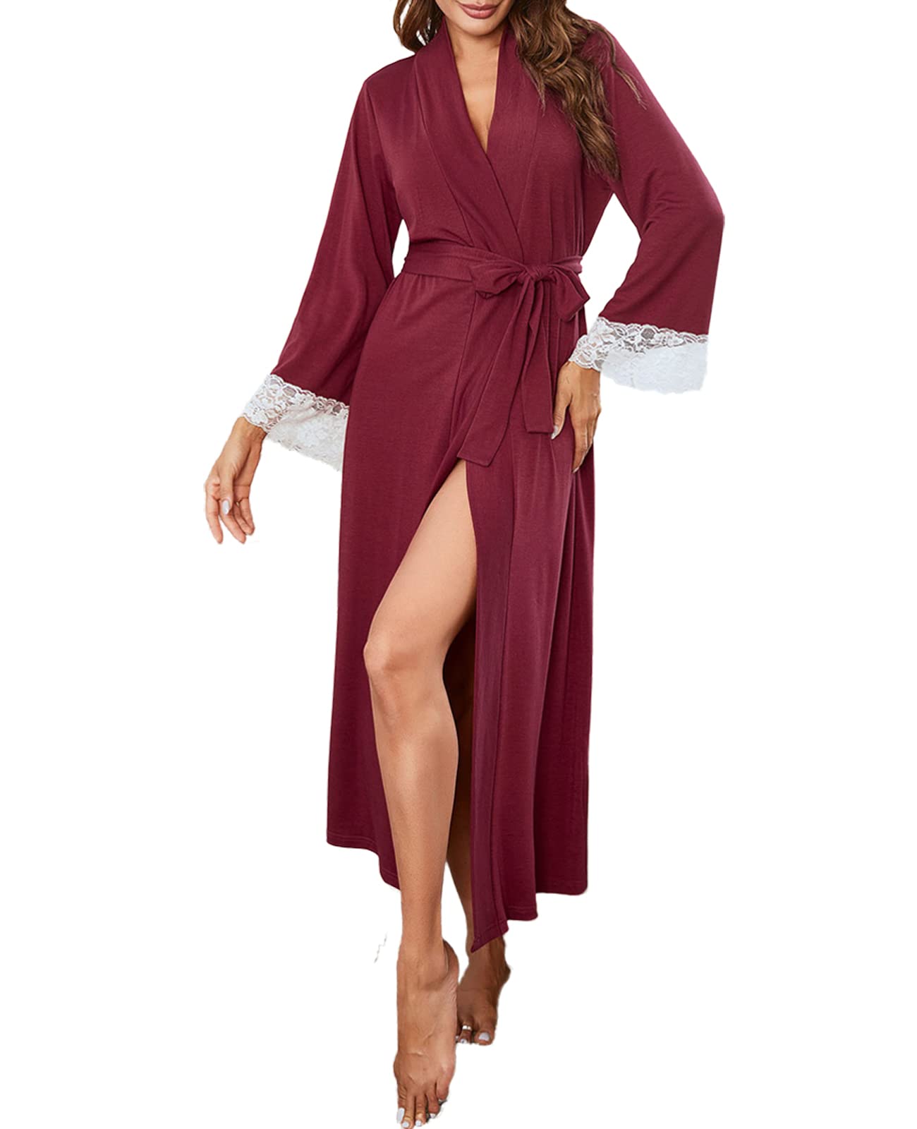 Nanxson Bata para Mujer Largo Albornoz Kimono Ropa de Dormir con Cinturón Manga Larga Albornoces S-XXL (L, Rojo Oscuro)
