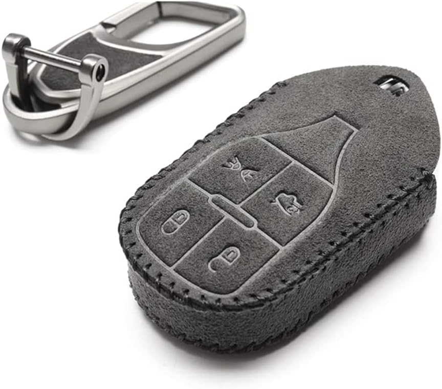 Luxury Suede Handmade Leather Key Fob Case Holder Shell Cover Compatible for Maserati Levante GT Quattroporte Ghibli GranCabrio With Key Chain